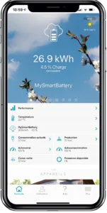Écran de smartphone affichant le suivi en direct de la consommation d'énergie solaire avec Sauralec Solaire